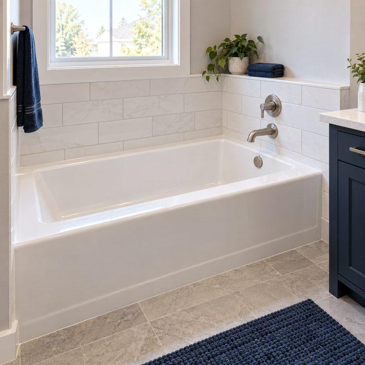 Newly installed white bathtub with grey surround tile