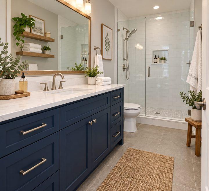 Full bathroom remodel with navy vanity and marble top