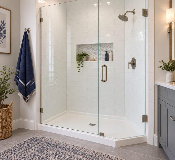 Frameless glass corner shower with subway tile