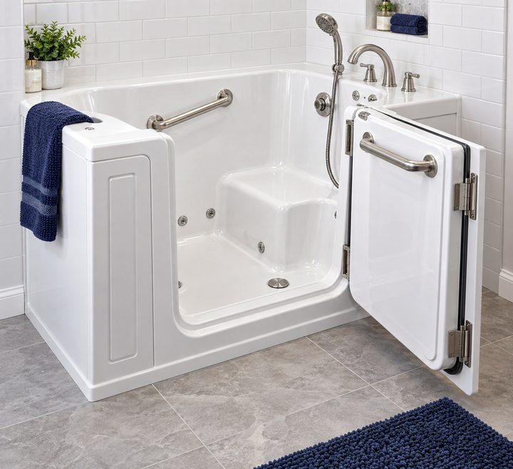 White walk-in tub with door, subway tile walls